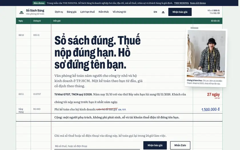 Trang chủ website mẫu Sổ Sách Sáng, văn phòng kế toán: tiêu đề "Sổ sách đúng. Thuế nộp đúng hạn. Hồ sơ đứng tên bạn." kẻ trên nền sổ cái, dòng hạn tờ khai GTGT còn 27 ngày và phí kế toán hộ kinh doanh 1.500.000 đ.